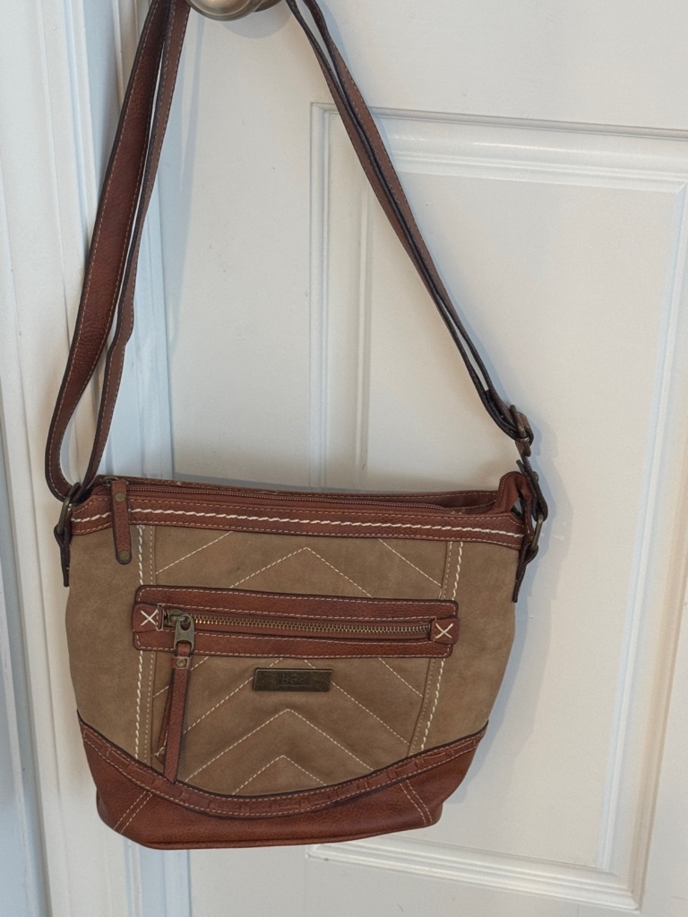 boc Tan and Brown Suede Crossbody Bag with Leather Trim